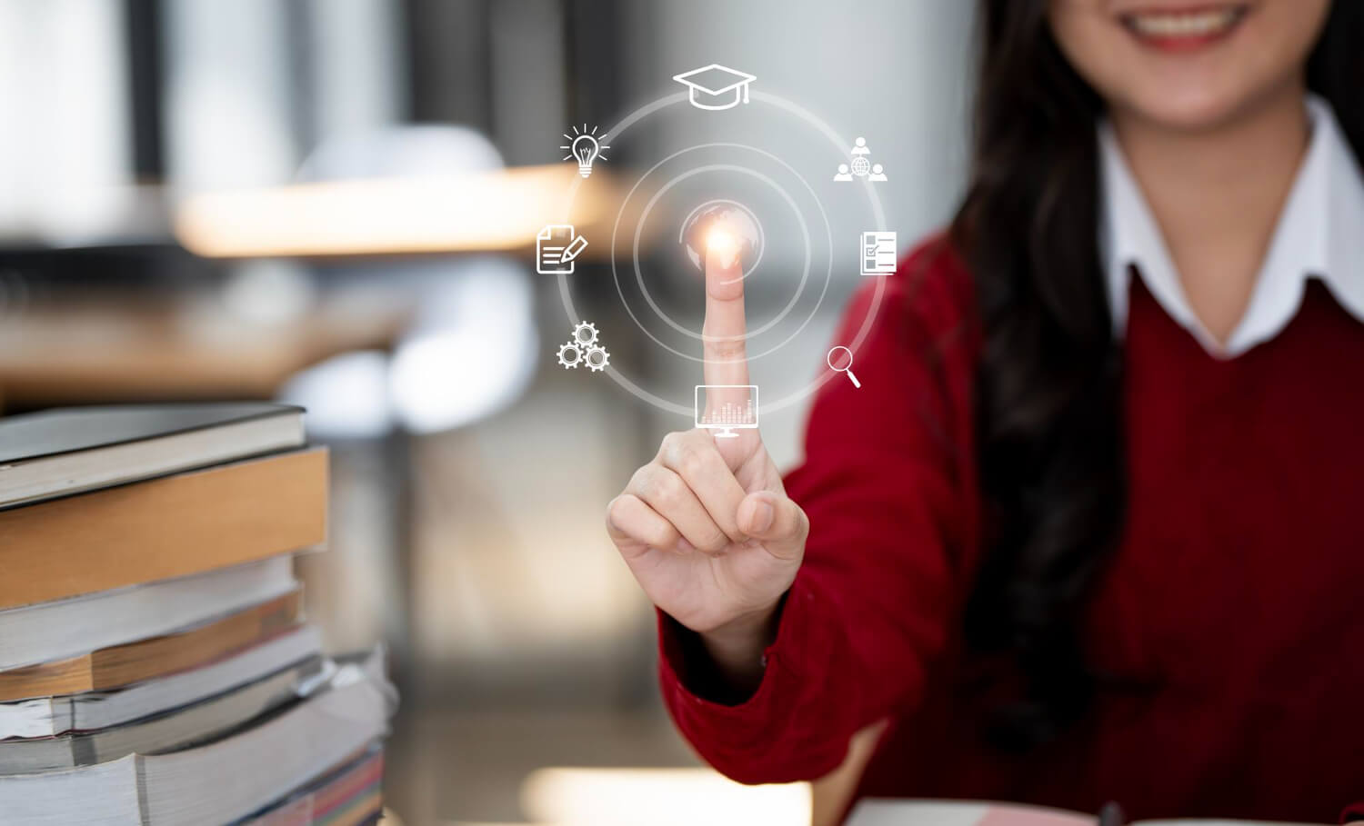 Student with interactive educational icons